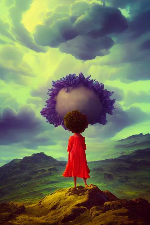 Image similar to closeup giant dahlia flower as head, girl standing on mountain, surreal photography, blue storm clouds, dramatic light, impressionist painting, digital painting, artstation, simon stalenhag