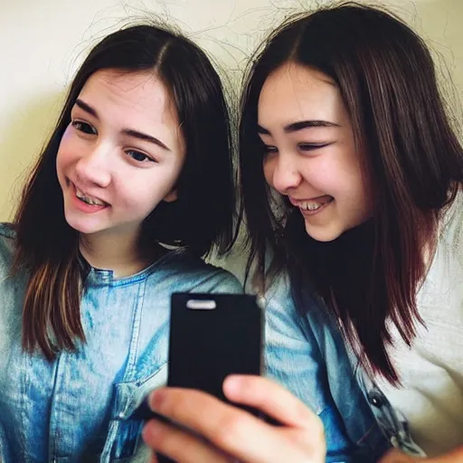 Prompt: two girls taking a selfie. hyper detailed, photorealistic, photography, pretty, cute. trending on instagram