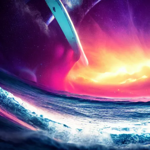 Image similar to photo of a alien surfing a surfboard on a crashing l wave of alien ocean in space, background is an alien galaxy, aliens in the background, alien colors, octane render, unreal engine, wide view, 8 k, high detaild