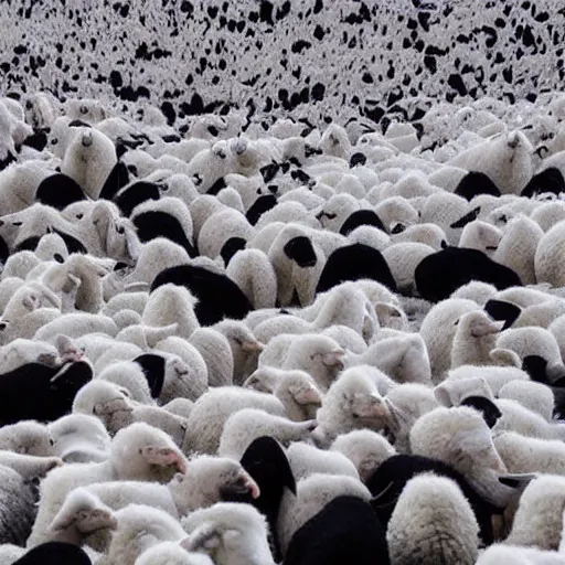 Prompt: thousands of white sheep falling from a cliff and one black sheep going against the crowd