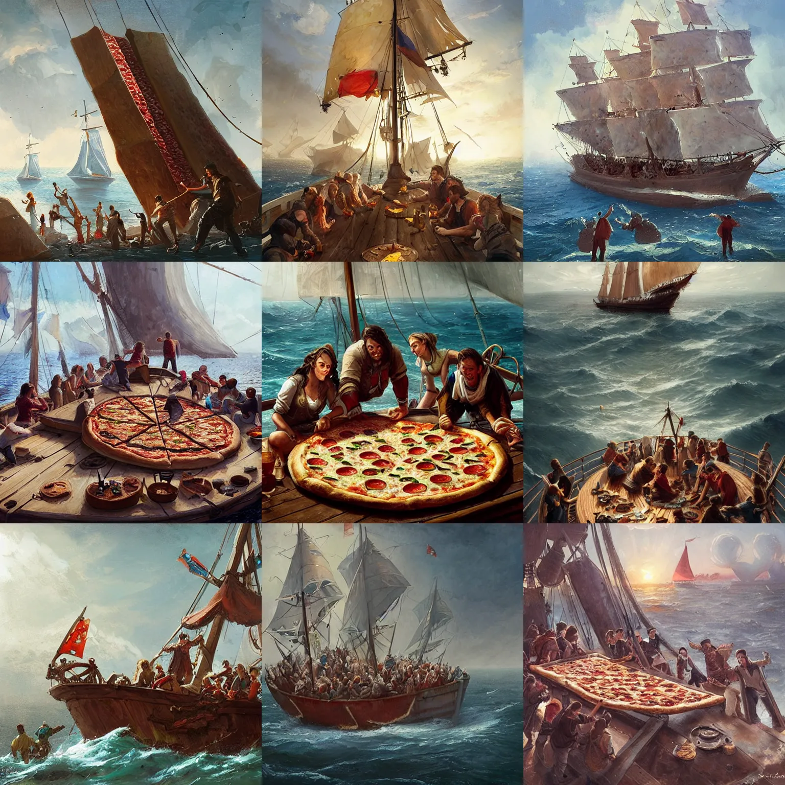 Prompt: a group of adventurers eating a giant pizza on a sailing ship, greg rutkowski