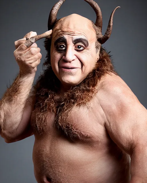 Prompt: actor Danny Devito in Elaborate Pan Satyr Goat Man Makeup as the character Phil for Disney’s Live Action Hercules movie, prosthetics designed by Rick Baker, Hyperreal, Head Shots Photographed in the Style of Annie Leibovitz, Studio Lighting