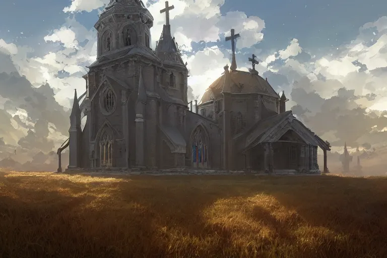 Prompt: concept art of a huge church with chain drive aka churchtank in an open field, key visual, ambient lighting, highly detailed, digital painting, artstation, concept art, sharp focus, by makoto shinkai and akihiko yoshida and hidari and greg manchess