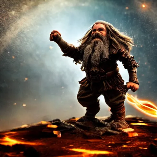 Prompt: dwarf standing in the epicenter of a devastating shockwave, nova, explosion, bell, warp, magic, 8 k, fantasy, epic pose, cinematic