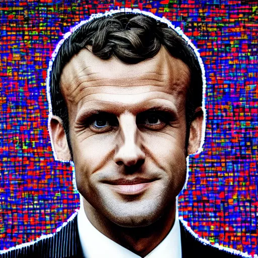 Image similar to mosaic portrait of Emmanuel macron with robot ears, 4k, intricate details, digital, moon in the background