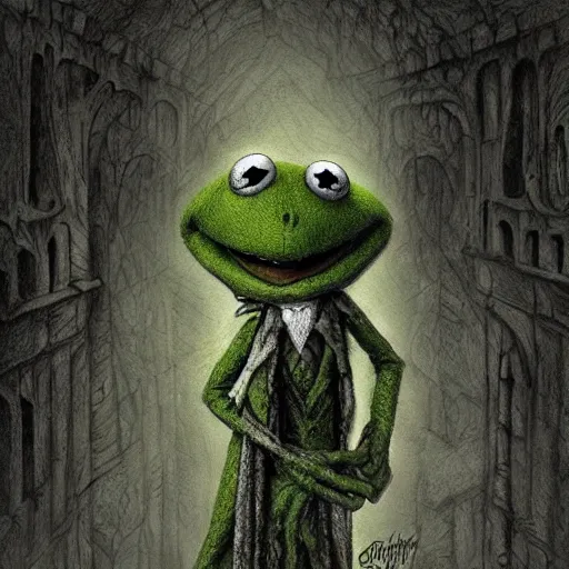 Image similar to michael karcz grunge drawing of kermit the frog. , in the style of corpse bride, loony toons style, horror themed, detailed, elegant, intricate