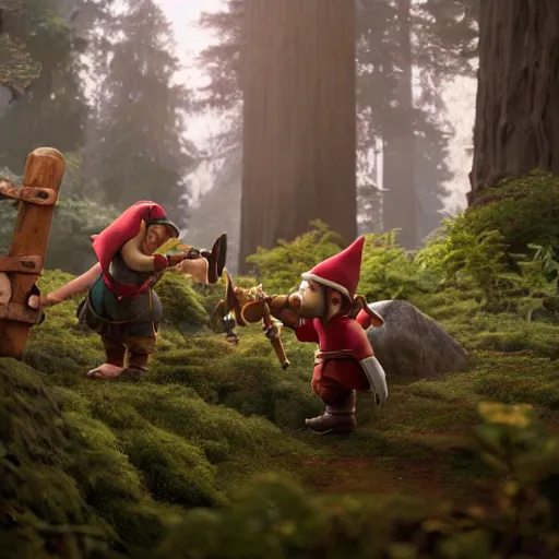 Image similar to a fantasy halfling gnome buffing his halfling allies in a redwood forest, unreal engine, octane render, realistic, matte painting, masterpiece, studio ghibli, beautiful, magical,