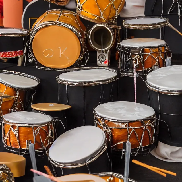 Image similar to a 4 k photograph of a birthday cake sculpture of a drum set