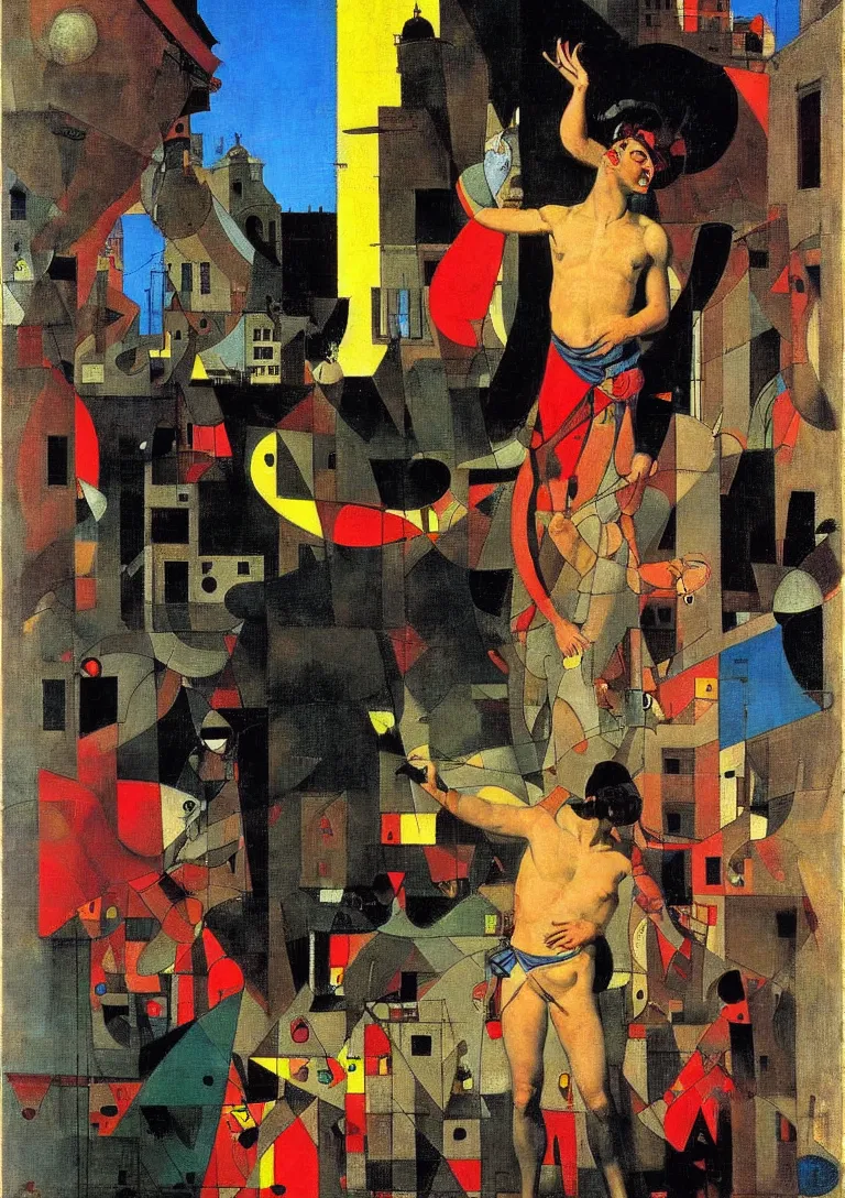 Image similar to a punk latino greek god searching for a watchful light through the streets of a city, complementary color scheme, by george luks, joan miro and moebius