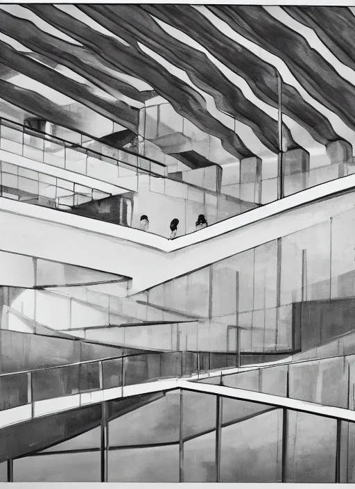 Prompt: a blacka and white painting of the interior of teshima art museum