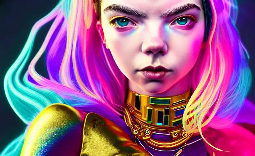 Image similar to hyperdetailed portrait of a stunningly beautiful cyberpunk cutie anya taylor joy made of iridescent metals and shiny pink gems, bright rainbow nimbus, gold necklace, gold background inspired by ross tran and masamune shirow and kuvshinov, intricate, photorealistic, octane render, rtx, hdr, unreal engine, dnd digital art by artgerm