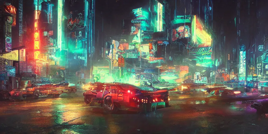 Image similar to a guatemalan solitary cyberpunk city with neon ads and signs with evocative dramatic mood with blade runner vibe with cars and floating vehicles with motion blur with depth of field with bloom with lightshaft with volumetric lights, fog, by jeremy mann, oscar winning graphics, photo realistic, bloom, imax, dynamic lighting, artstation, netflix series,