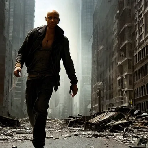 Image similar to Drake as Robert Neville in I Am Legend (2007), post apocalyptic city, environment 8k, ruins