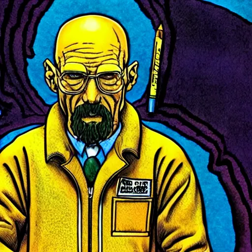 Image similar to The Artwork of R. Crumb and his Cheap Suit Breaking-Bad-Walter-White meth-lab, wearing a bio-hazard suit pencil and colored marker artwork, trailer-trash lifestyle