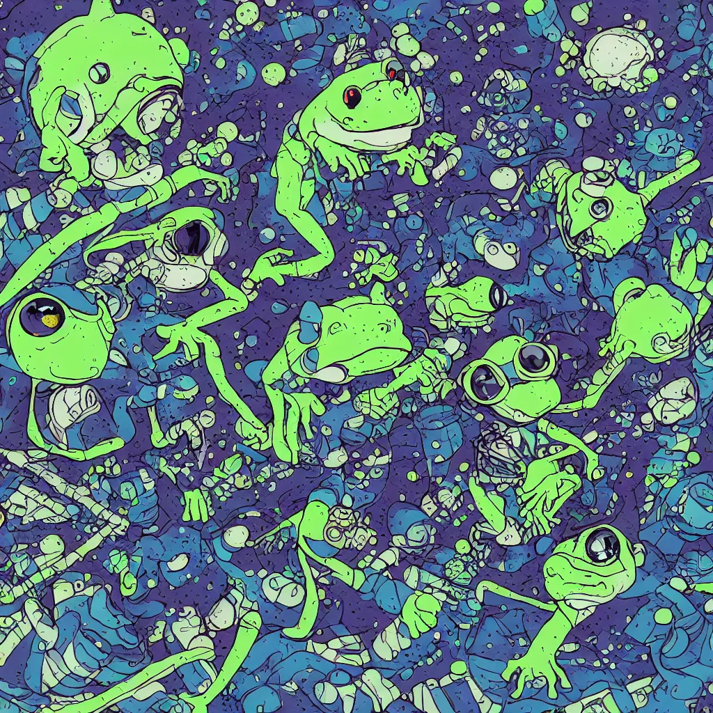 Image similar to indigo toads, frogs, ryuta ueda artwork, breakcore, jet set radio artwork, y 2 k, gloom, space, cel - shaded art style, indigo rainbow, data, minimal, code, cybernetic, dark, eerie, cyber