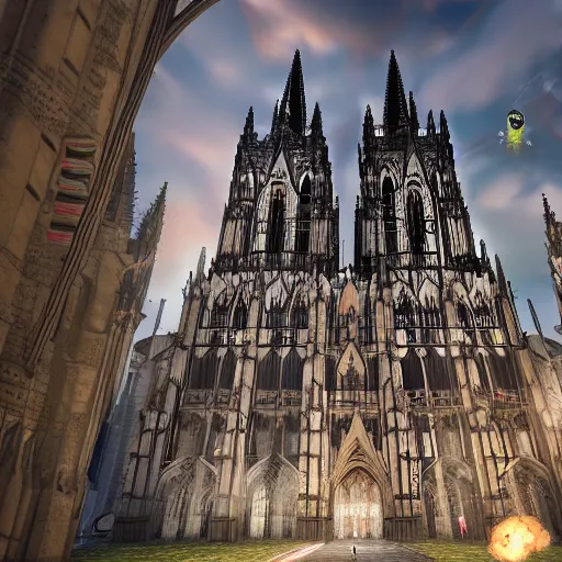 Image similar to a hyper real comic book style portait painting of the cathedral of cologne germany in the distant future with robots around, unreal 5, hyperrealistic, octane render, cosplay, rpg portrait, dynamic lighting