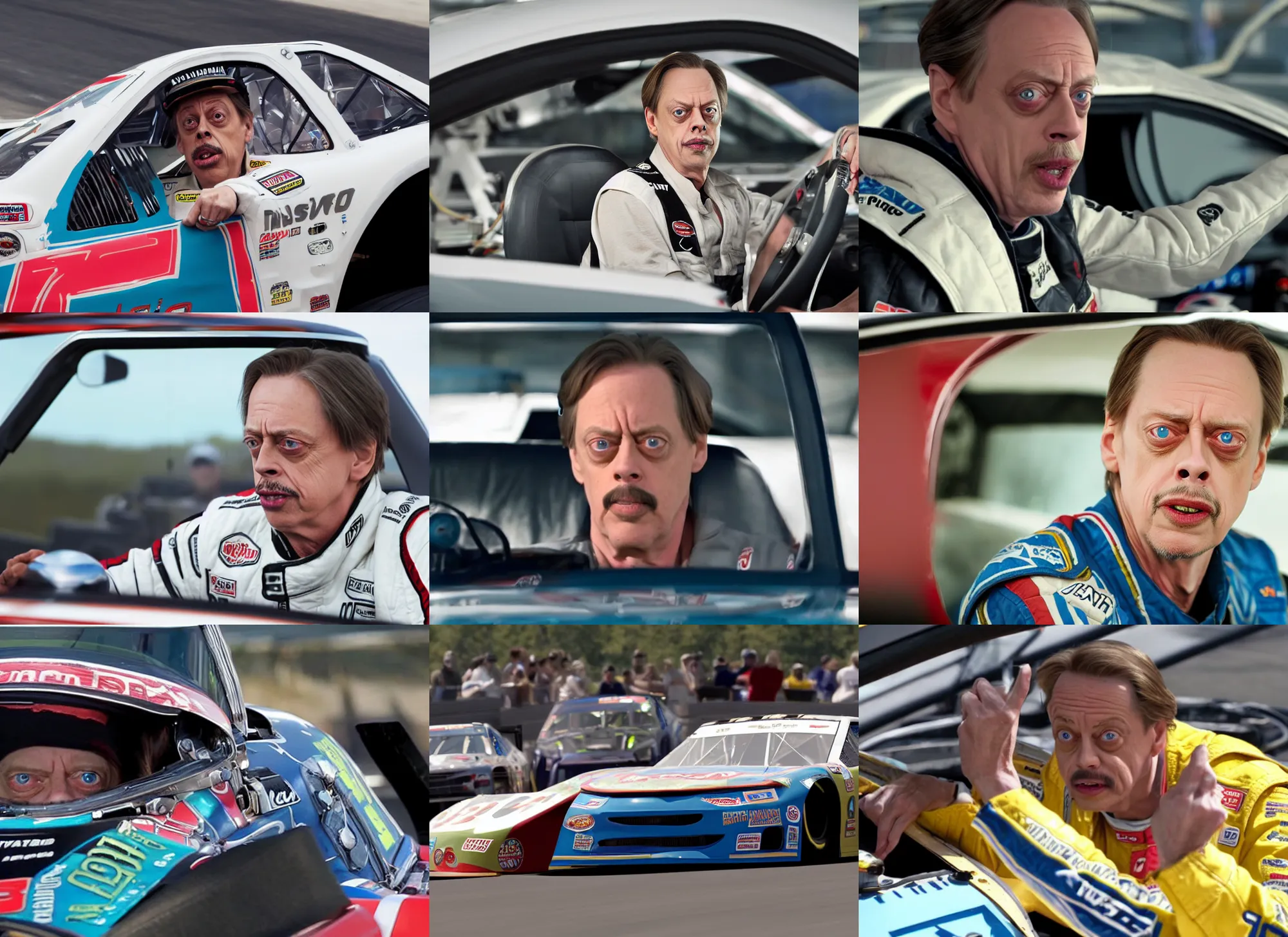 Prompt: steve buscemi in a nascar, movie still, from the new cars movie, 8 k, realistic