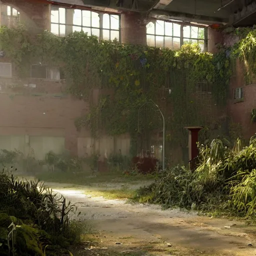 Prompt: an abandoned warehouse, overgrown with vegetation, beautiful graffiti on all walls, by craig mullins, octane rendering, warm moody lighting, wide angle lens, low view, in the style of pixar animation, trending on artstation