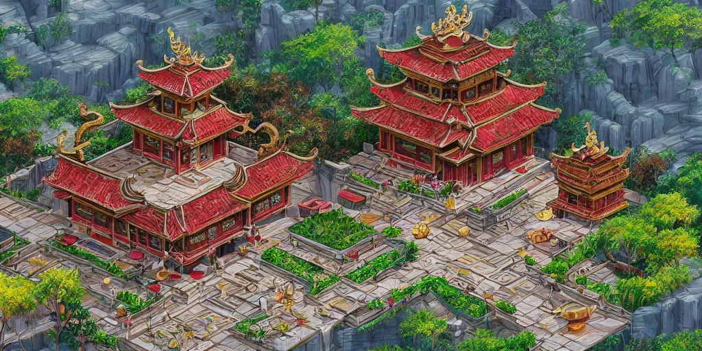 Image similar to vietnamese temple scene, 2 d game art background, sharp, detailed, intricate, game level design, cinematic lighting, trending on artstation, in style of vinodh sivaraja and lam manh, not isometric, not overhead, no people