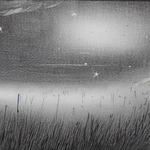 Image similar to foggy night sky, black and white, high detail, etching, high contrast