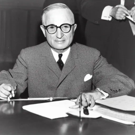 Prompt: Harry Truman checking his cellphone