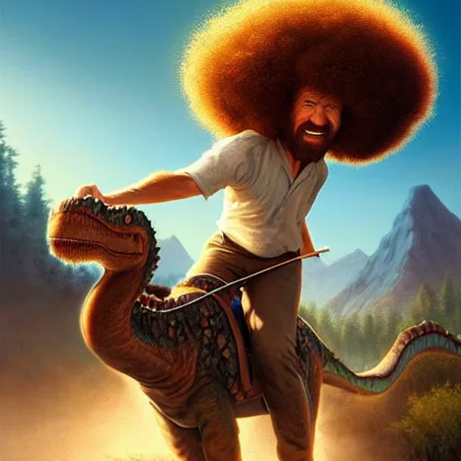 Image similar to bob ross!!! riding!!! a dinosaur!!, giant afro!, model pose, ultra realistic, concept art, intricate details, highly detailed, photorealistic, octane render, 8 k, unreal engine. art by artgerm and greg rutkowski and alphonse mucha