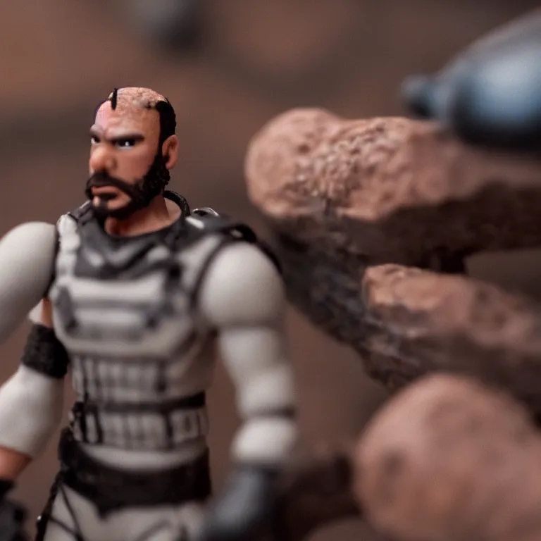 Image similar to a cinematic film still of a claymation stop motion film starring marcus fenix, shallow depth of field, 8 0 mm, f 1. 8