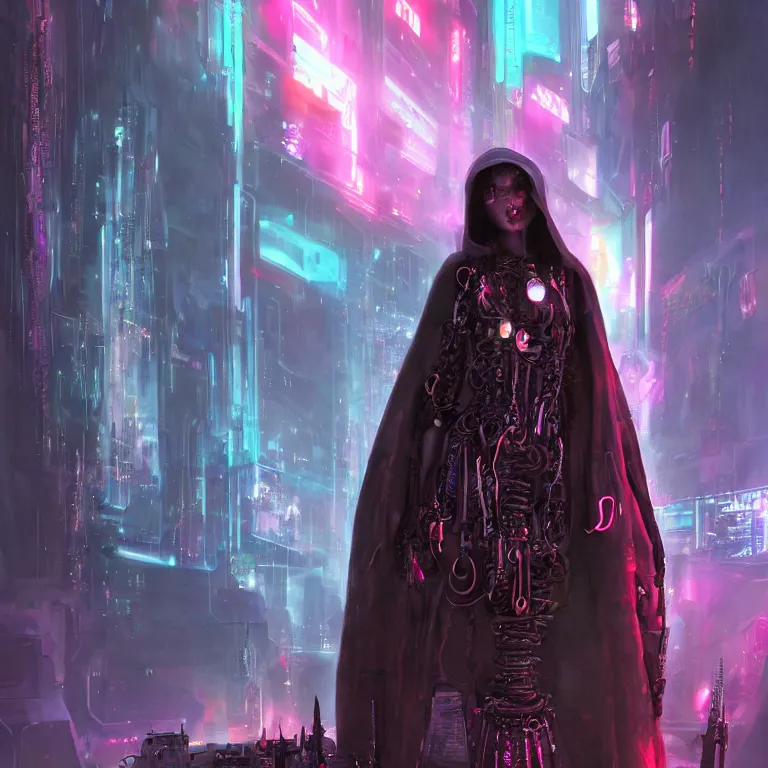 Image similar to futuristic priestess in a hooded robe full of cables and neons, cyberpunk, gothic, fantasy, science fiction, character concept art, matte painting, hyperdetailed, realistic, creepy, atmospheric, cinematic, kinemacolor