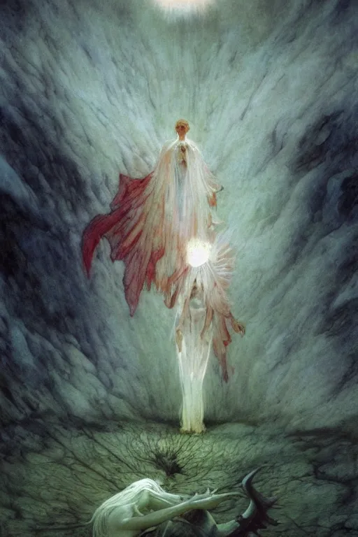 Image similar to giant white glowing angel rising above fallen demon lying on the foggy ground by wayne barlowe, wes anderson, arnold bocklin, roger dean, mikalojus konstantinas ciurlionis, mikhail vrubel and wadim kashin, rich moody colours, 9 0 - s anime, ethereal, lo - fi retro videogame