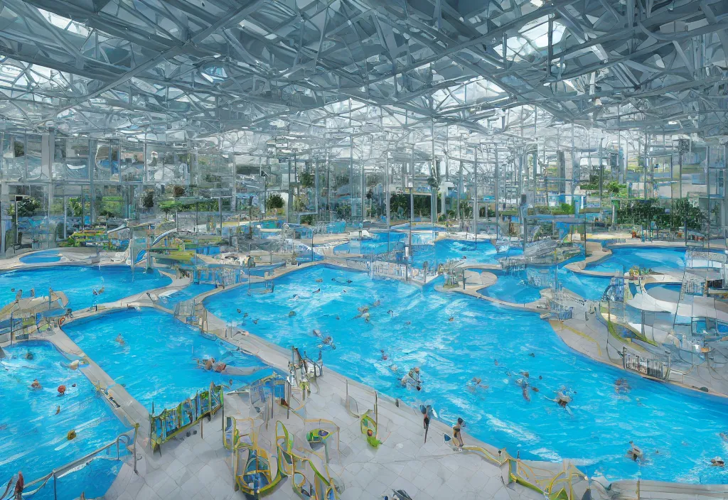 Prompt: a giant indoor pool area with no windows, tiles on floor, walls, and ceiling, water slides twist round, photo realistic