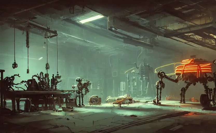 Image similar to interior shot, scifi robot repair workshop, robot skeleton, robot skeleton, robot skeleton, neon lights, neon lights, neon lights, neon lights, cinematic lighting, Craig Mullins, Greg Rutkowski, volumetric light, artstation, octane render, low angle camera