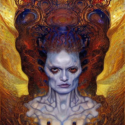 Image similar to Visions of Hell by Karol Bak, Jean Deville, Gustav Klimt, and Vincent Van Gogh, nightmare portrait, infernal, visionary, otherworldly, fractal structures, ornate gilded medieval icon, third eye, hellfire, spirals