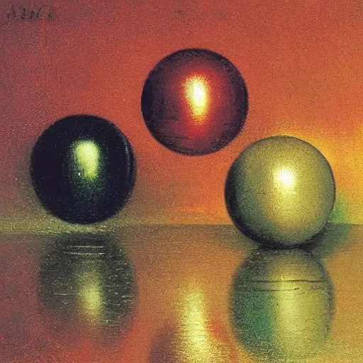 Prompt: chrome spheres on a red cube by albert bierstadt