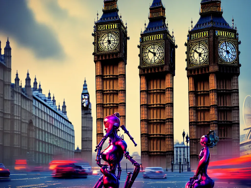 Image similar to a giant ancient beautiful cyborg of the elder gods with pipes and tubes in the city of London, an image of a beautiful cyborg, a beautiful cyborg, a cyborg, London streets with one bigben in the background, colourful, dramatic lighting, spring time, very detailed octane render very realistic beautiful