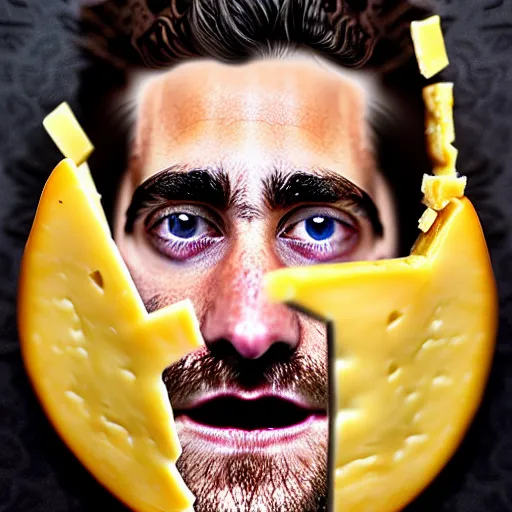 Image similar to food photography of jake gyllenhaal's face fused with halloumi cheese ( ( white halloumi cheese hybrid with jake gyllenhaal face ) ), jake gyllenhaal sentient cheese man, by greg rutkowski