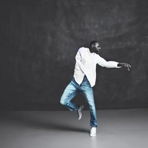 Prompt: black man dancing inside a state of the art photography studio