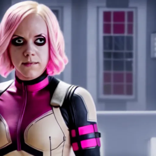 Image similar to A still of Gwenpool in Deadpool 3 (2023), no mask, blonde hair with pink highlights