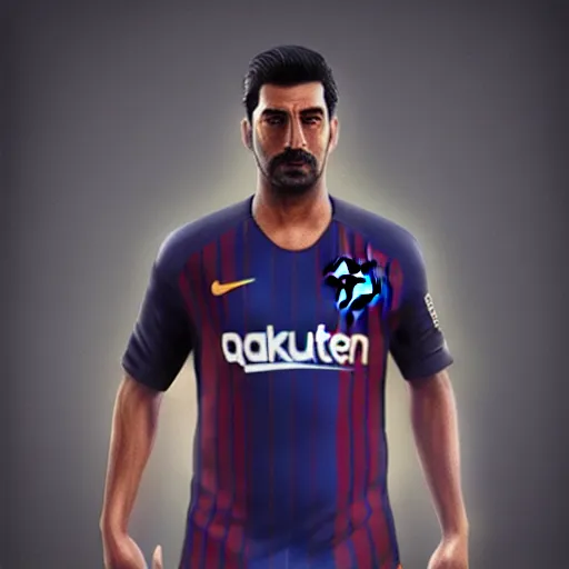 Image similar to portrait, body and torso, saddam hussain, fc barcelona, jersey number 1 0, dark blue, maroon red, unreal engine 5, trending on artstation, master piece, octane render, art by artgerm and greg rutkowski and alphonse mucha