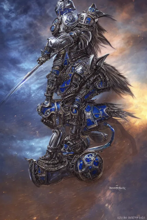 Image similar to a full body shot of an azure knight riding a mechanical steampunk horse across the sky by Kentaro Miura, Wolf themed armour, moonlit, colored by Ronda Pattison, heavy armor, blue flame trail, dark colors, highly detailed, trending on artstation, CGsociety, exquisite detail, post-processing, masterpiece, volumetric lighting, cinematic, hypermaximalistic, high details, cinematic, 8k resolution, beautiful detailed, insanely intricate details