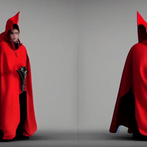 Image similar to warrior holding two swords, full body worn out cape, red hoodie, worn out clothes, symmetry, concept art, volumetric light, full body shot, 8K, trending on artstation