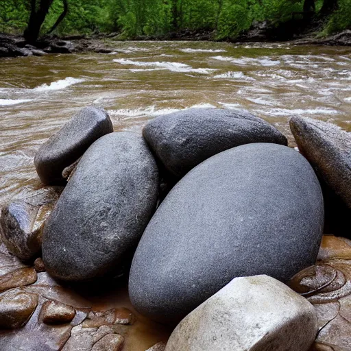 Image similar to detailed footage of european hunger stones in a river, photographic journalism, realistic, european river, carvings of drought and famine