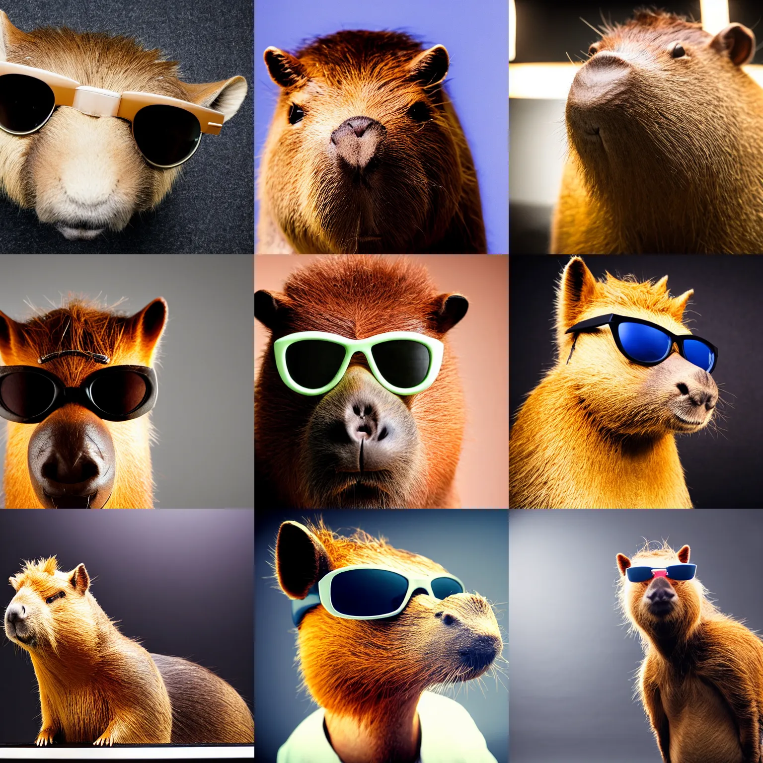 Prompt: studio photograph of a capybara rapper wearing sunglasses, studio lighting