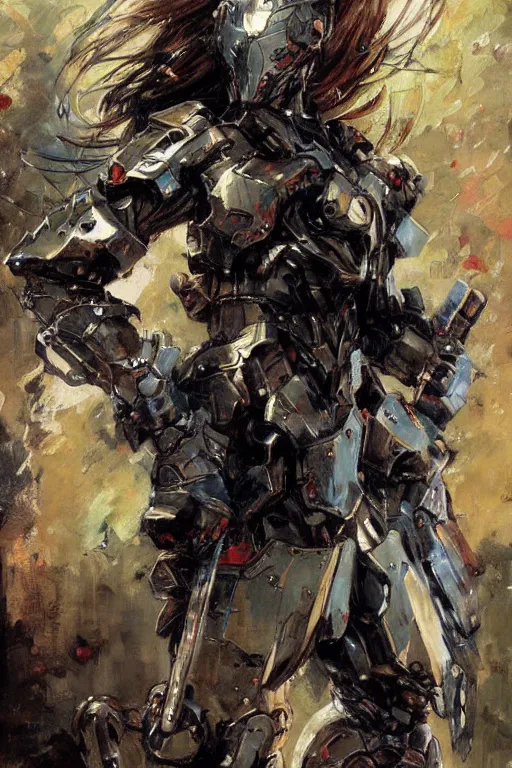 Prompt: full body girl metal armor painting by gaston bussiere, yoji shinkawa