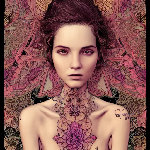 Image similar to the portrait of an incredibly beautiful woman made of potatoes roots and violets, an ultrafine detailed illustration by james jean, final fantasy, intricate linework, bright colors, behance contest winner, vanitas, angular, altermodern, unreal engine 5 highly rendered, global illumination, radiant light, detailed and intricate environment