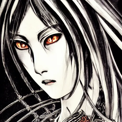Prompt: Yoshitaka Amano, Junji Ito blurred and dreamy illustration of an anime girl with black eyes, wavy white hair and cracks on her face wearing elden ring armour with the cape, abstract black and white patterns on the background, noisy film grain effect, highly detailed, Renaissance oil painting, weird portrait angle