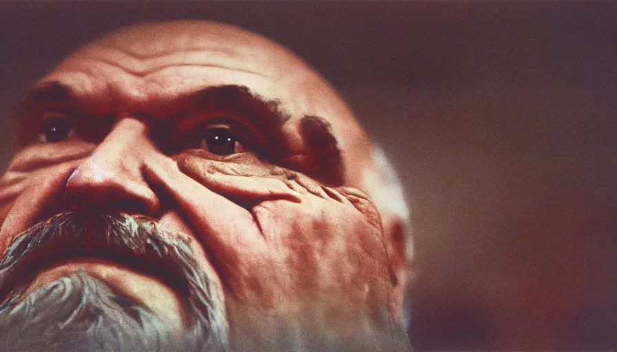 Prompt: movie still by tarkovsky portrait of an old lenin, cinestill 8 0 0 t 3 5 mm, heavy grain, high quality, high detail