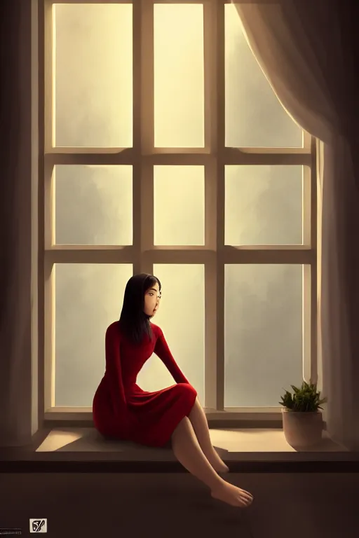 Image similar to joana sitting lookin at window composition : dynamic lighting, digital painting, center of interest, intricate, proportion, highly quality, balance, unity, extremely highly detailed. by bambang nurdianshyah ( details and background ) garis edelweiss ( lighting ) roby dwi antono ( character ) kira ayn varszegi ( dress )