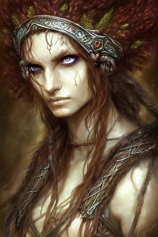 Prompt: head and shoulders portrait of a druid, female, high fantasy, dnd, by royo