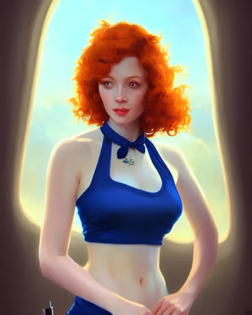 Image similar to cute female flight attendant, perfect face, blue halter top uniform, ginger hair, bombshell, cinematic, stunning, agile, highly detailed, digital painting, artstation, smooth, hard focus, illustration, art by jessica rossier and and brian froud