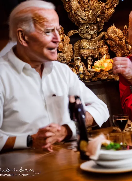 Image similar to Trump and Biden having dinner at a fancy Balinese restaurant, award winning photography, sigma 85mm Lens F/1.4, blurred background, perfect faces